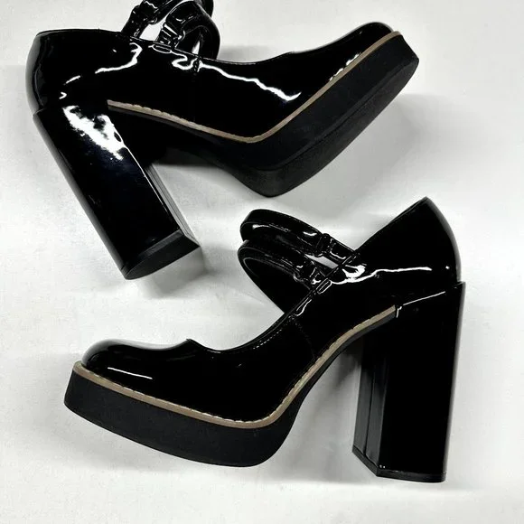 Steve Madden Twice Black Mary Jane Pumps Platform Patent Womens Size